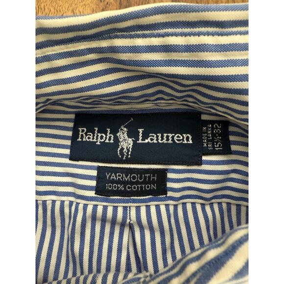Ralph Lauren Men's White & Blue Striped Yarmouth Button Down Shirt Size 15.5 - Picture 2 of 5